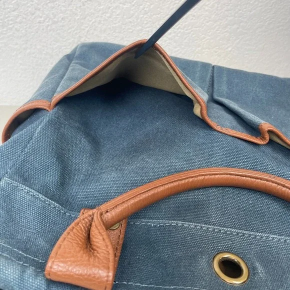 Levenger Tote Bag Denim Leather Trim 6 Pockets Purse Satchel Bucket Boho Pack